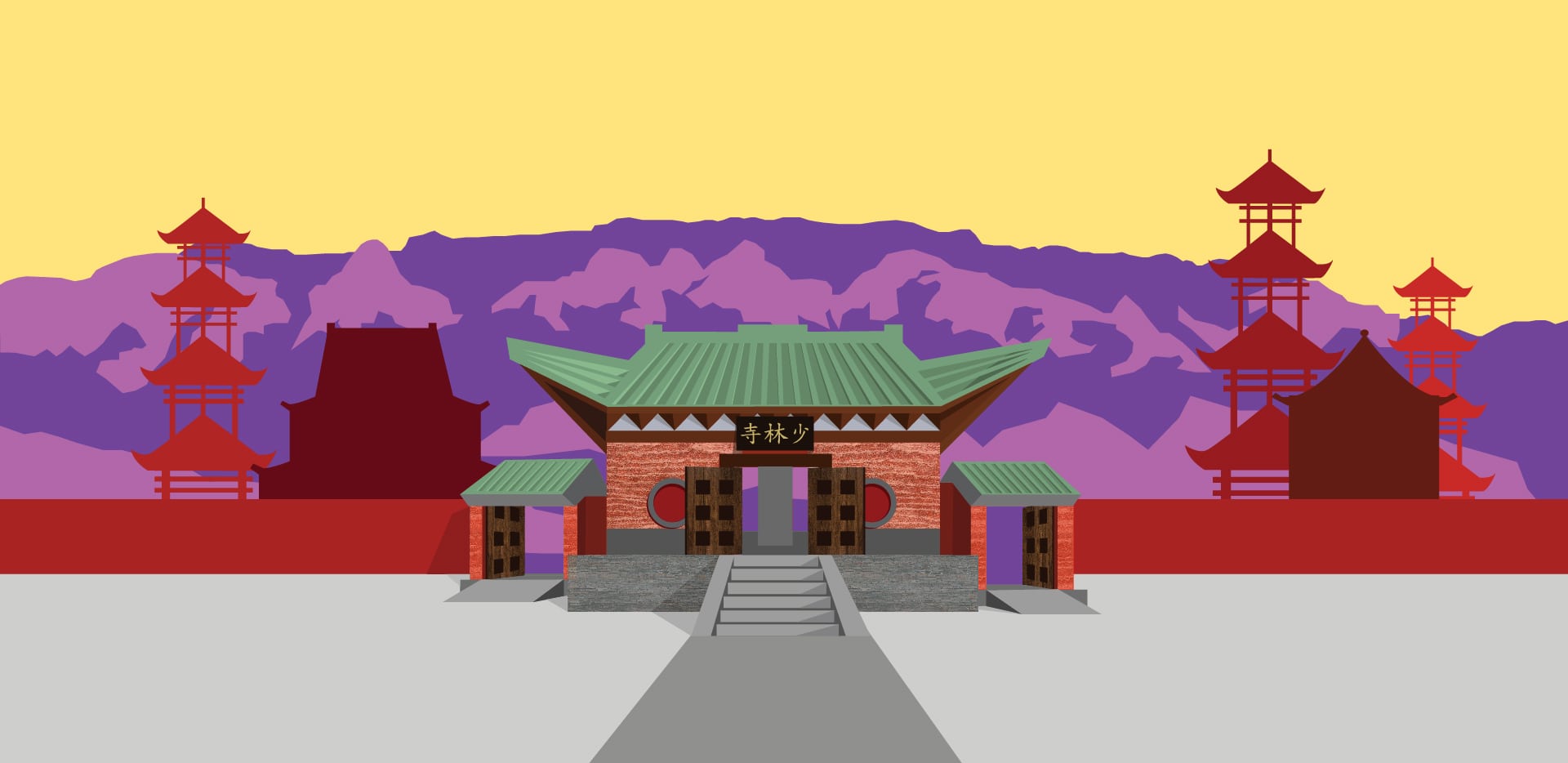 Landing image. The Shaolin temple sits before the majestic Sandia Mountains of Albuquerque New Mexico